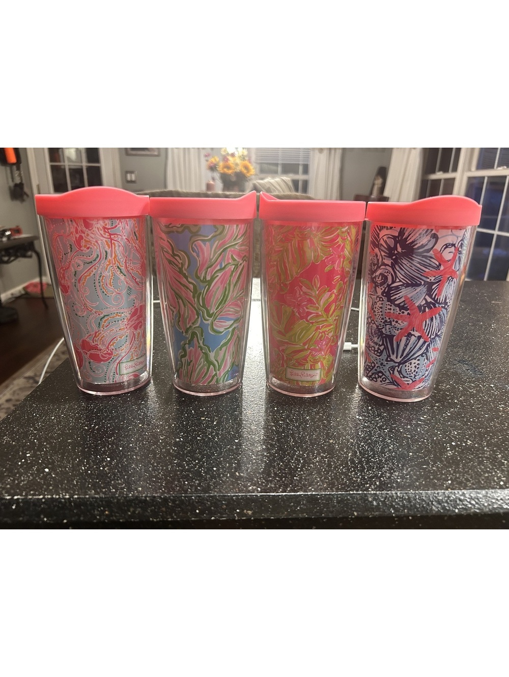 Set of 4 Lilly Pulitzer Pink Lid Tervis Tumblers with Coastal and Floral Prints
